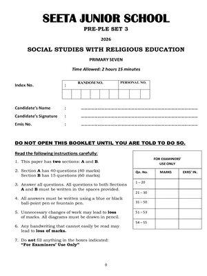 seeta junior pre ple 2026 set 3 social studies paper