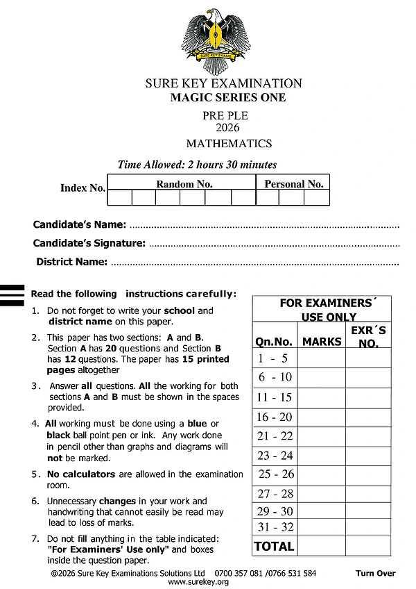 sure key pre ple 2026 magic set 1 mathematics paper