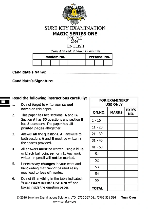 sure key pre ple 2026 magic set 1 english paper