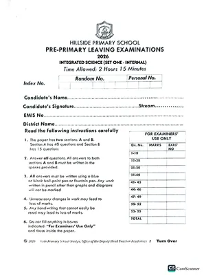 hillside pre ple 2026 set 1 science paper