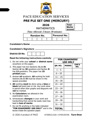 pace pre ple 2026 mercury set mathematics paper