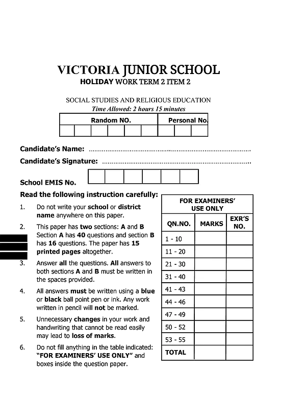 victoria junior school pre ple 2026 set 2 social studies paper