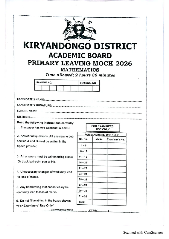 kiryandongo district mocks 2026 mathematics paper