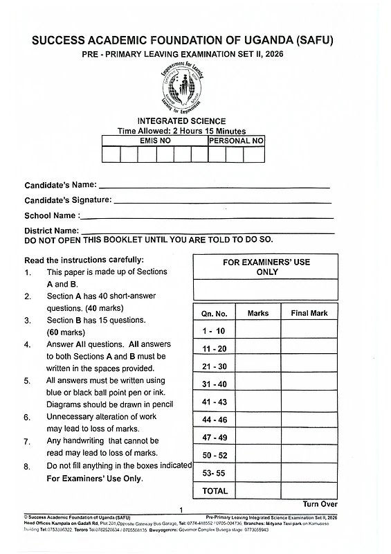 success academic foundation of uganda (safu) pre ple science paper