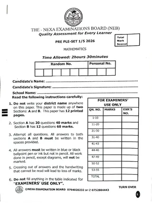 nexa pre ple 2026 set 1 mathematics paper