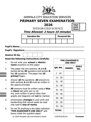 kampala city exams pre ple 2026 set 2 science paper paper