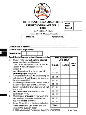 cranes pre ple 2026 silver set 1 mathematics paper