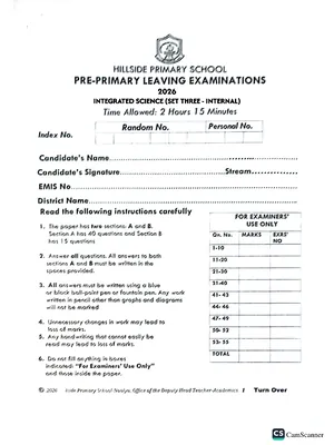 hillside pre ple 2026 set 3 science paper