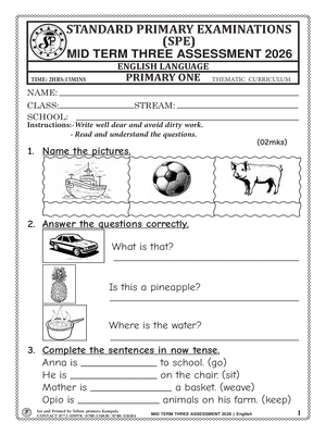 standard primary exams board mid term 3 2026 primary one english language paper