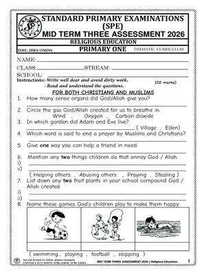 standard primary exams board mid term 3 2026 primary one religious education paper