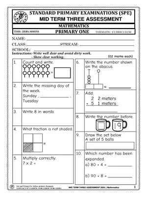 standard primary exams board mid term 3 2026 primary one mathematics paper