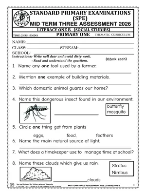 Standard Primary Exams Board Mid Term 3 2026 Primary One Literacy One B (Social Studies) Paper