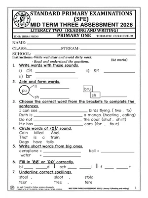 Standard Primary Exams Board Mid Term 3 2026 Primary One Literacy Two (Reading and Writing) Paper