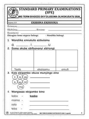 standard primary exams board mid term 3 2026 primary one luganda paper