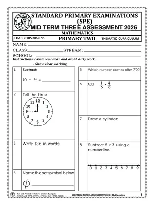 standard primary exams board mid term 3 2026 primary two mathematics paper