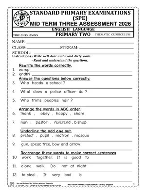 standard primary exams board mid term 3 2026 primary two english language paper