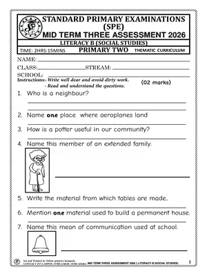 Standard Primary Exams Board Mid Term 3 2026 Primary Two Literacy B (Social Studies) Paper