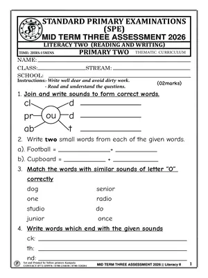 standard primary exams board mid term 3 2026 primary two literacy two (reading and writing) paper