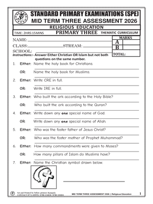standard primary exams board mid term 3 2026 primary three religious education paper