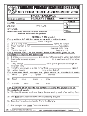 standard primary exams board mid term 3 2026 primary three english language paper