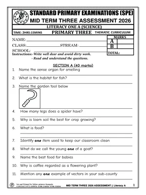 standard primary exams board mid term 3 2026 primary three literacy one a (science) paper