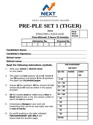 next exams pre ple  2026 set 1 (tiger) all subjects full set