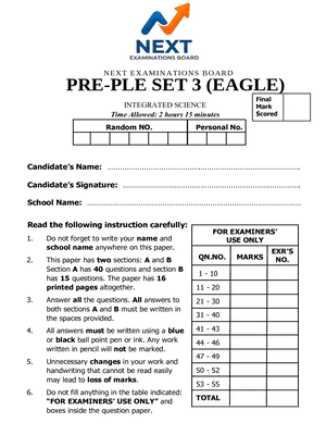 next examinations board pre ple set 3 (eagle) 2026 integrated science paper