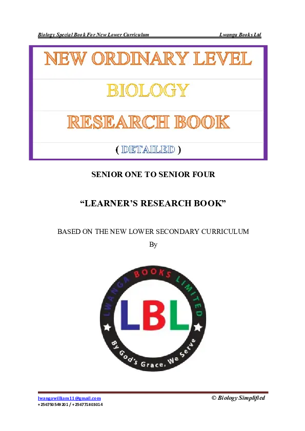 s1 - s4 biology  learner's research book (new lower secondary curriculum) - lwanga william