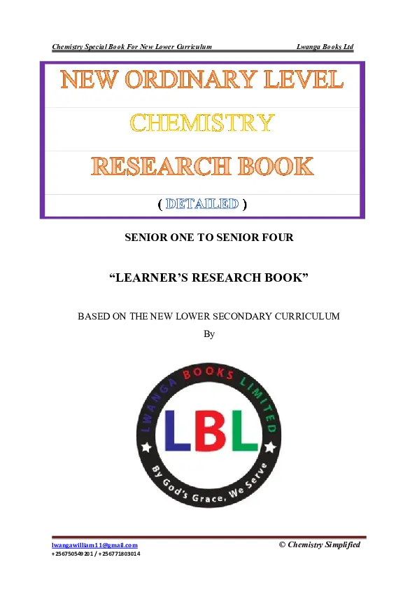 s1 -s4 chemistry learners research book - new lower secondary curriculum - lwanga