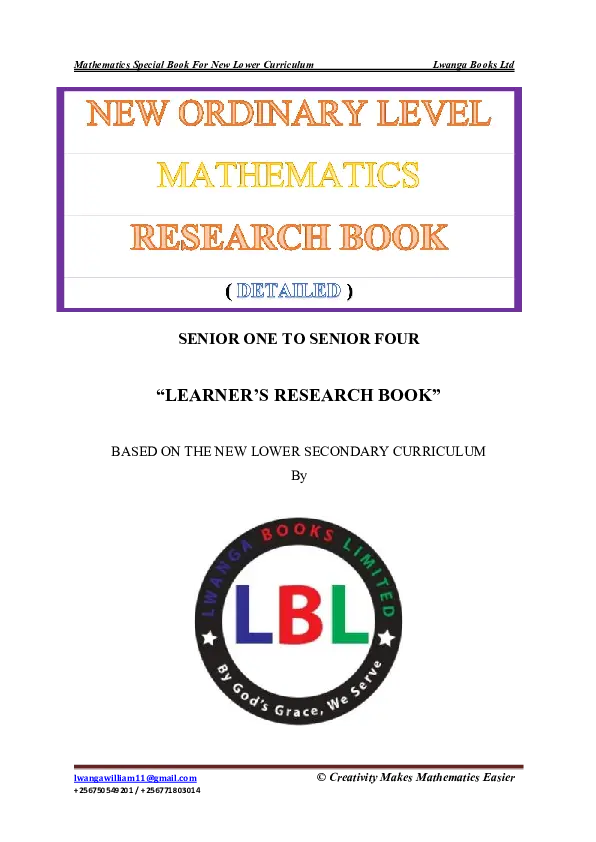 s1 -s4 mathematics learners research book - new lower secondary curriculum - lwanga