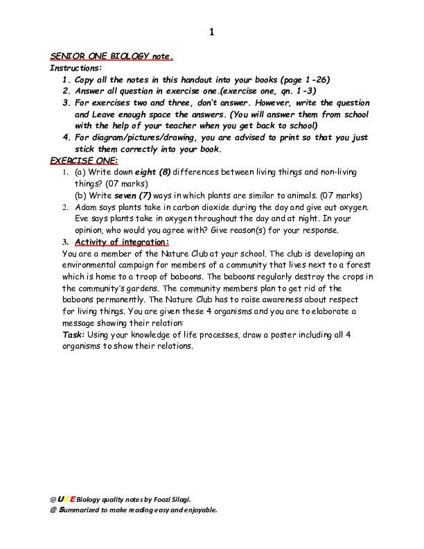 senior one biology notes with activity of integration - new curriculum