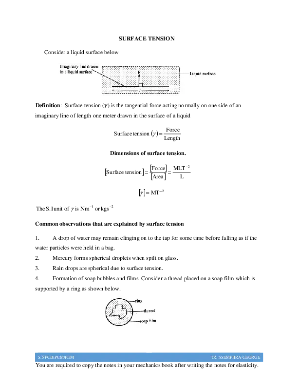 senior six (s6) physics - surface tension notes - uganda martyrs - namugongo