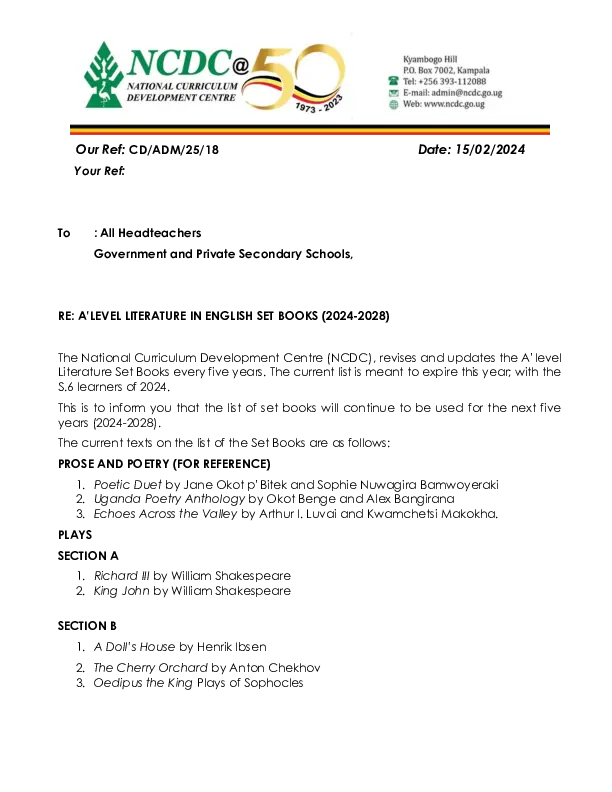 ncdc (2024) a level literature in english set books (2024 - 2028)
