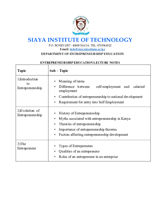 entrepreneurship lesson notes - siaya institute