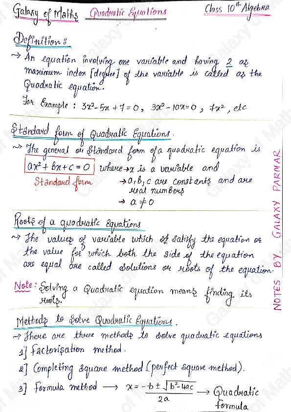 mathematics - quadratic equations handwritten notes by galaxy of maths