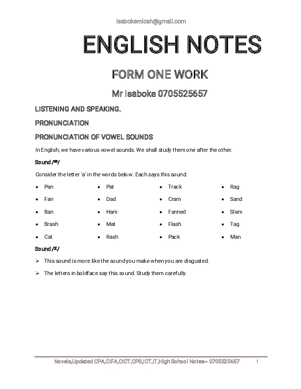 senior 1 english simplified notes by mr. isaboke