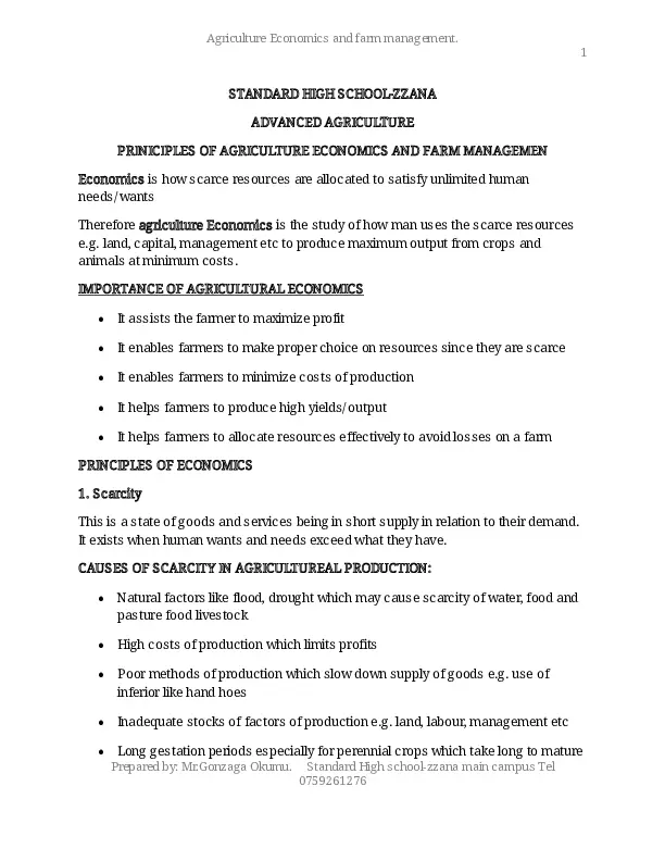a level agriculture economics and farm management notes by standard high school - zzana