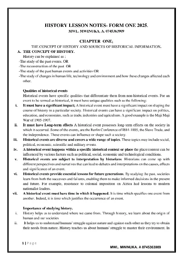 history form one lesson notes - mwinuka a.