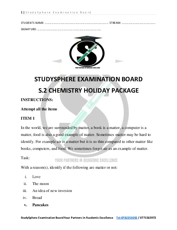 sseb s.2 chemistry holiday package - new curriculum