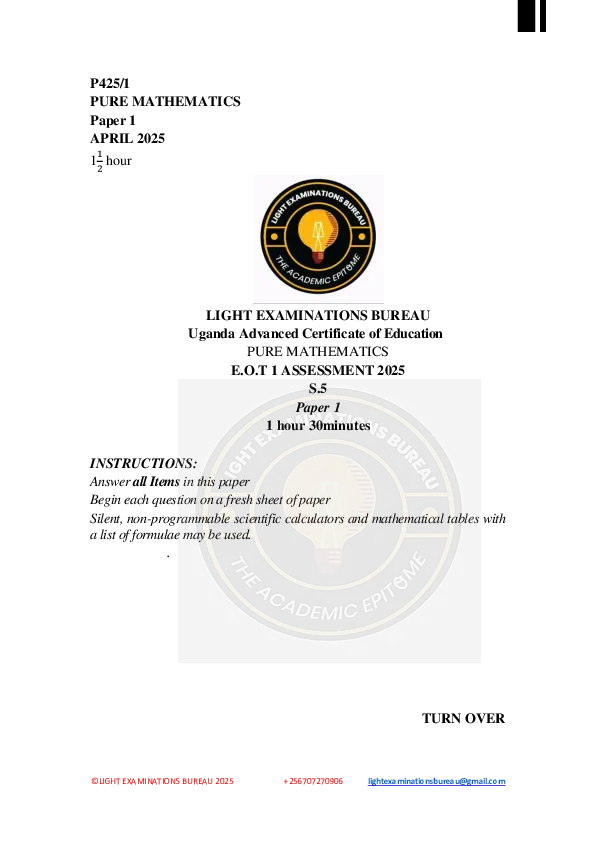pure mathematics end of term one assessment 2025 - light examinations
