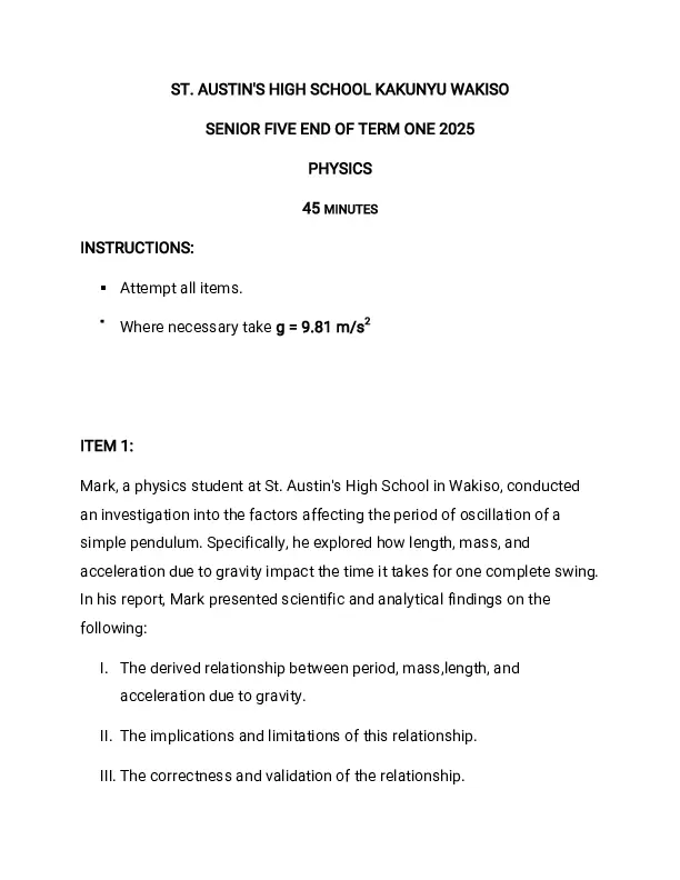 senior five end of term one 2025 physics - st.austin's high school