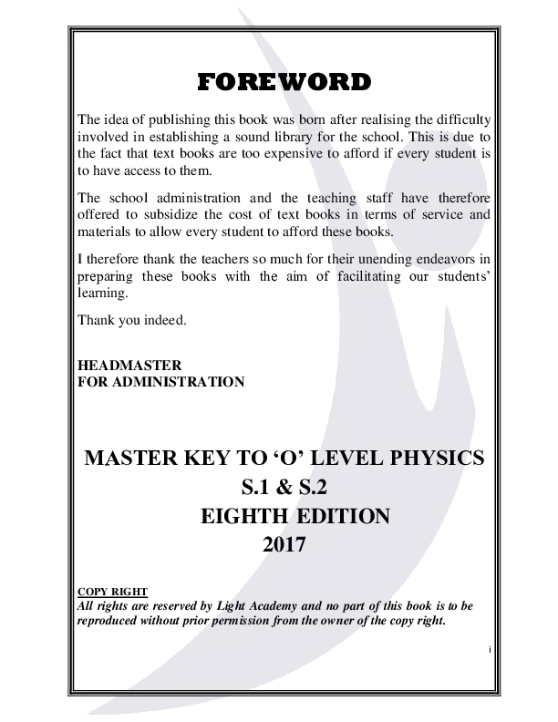 master key to ‘o’ level physics s.1 & s.2 eighth edition - physics notes s1 - s2