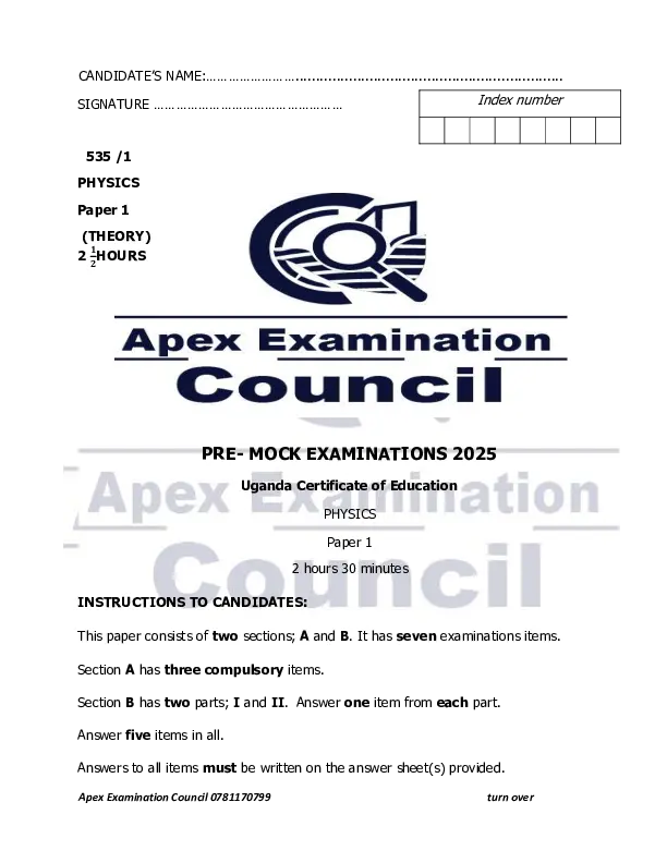 uce physics paper 1, apex premock 2025