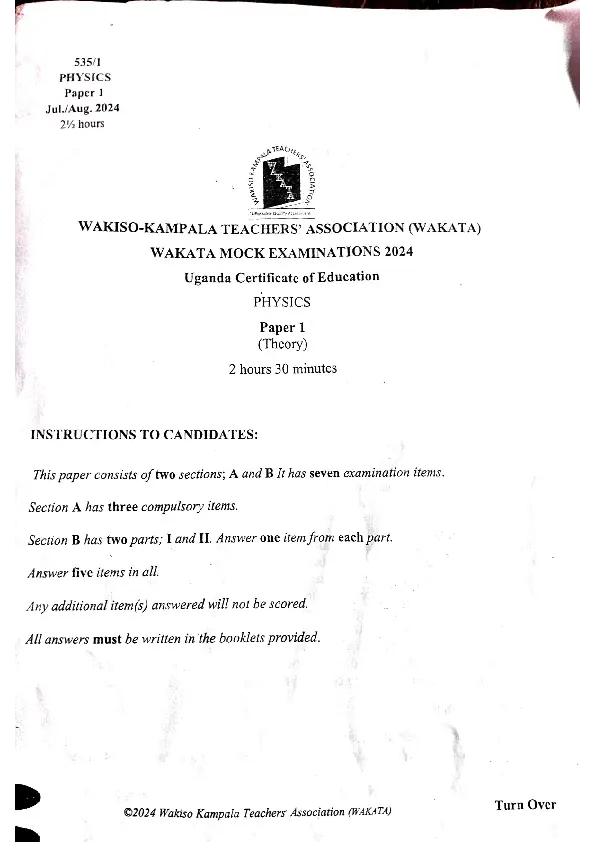 wakata mock examination uce physics paper one theory 2024