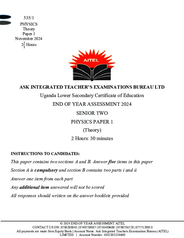 physics aitel s.2 assessments end of year senior two physics paper 1 (theory)