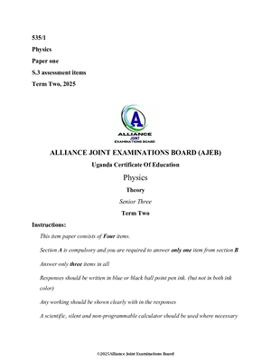senior three (s3) end of term 2 physics exam new o level curriculum - alliance exams