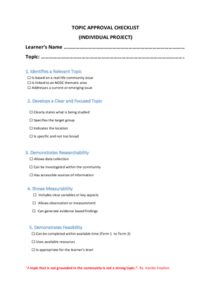 individual project topic approval checklist by kaziba stephen