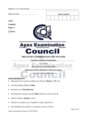 s4 uce luganda paper 2 (okusoma bwino, okufunza n’ebyobuwangwa) pre mock 2026 apex examinations