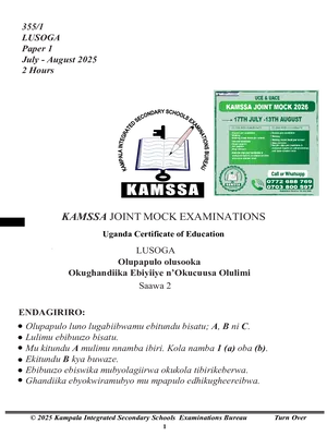 kamssa uce mock 2025 lusoga paper 1 exam and scoring guide with answers