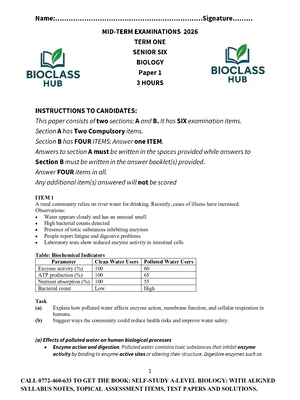 s.6 biology mid term one exams with answers bioclass hub